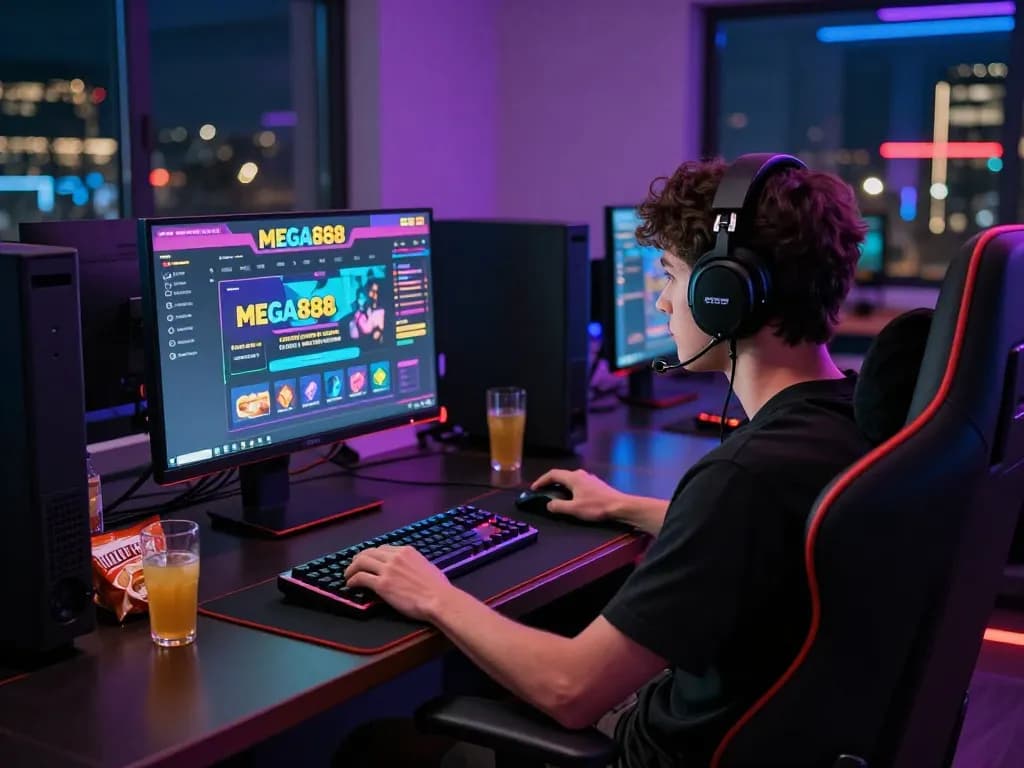 Engaging mega888 login malaysia gaming setup with vibrant LED lights and immersive interface, showcasing a player's experience in online gaming.