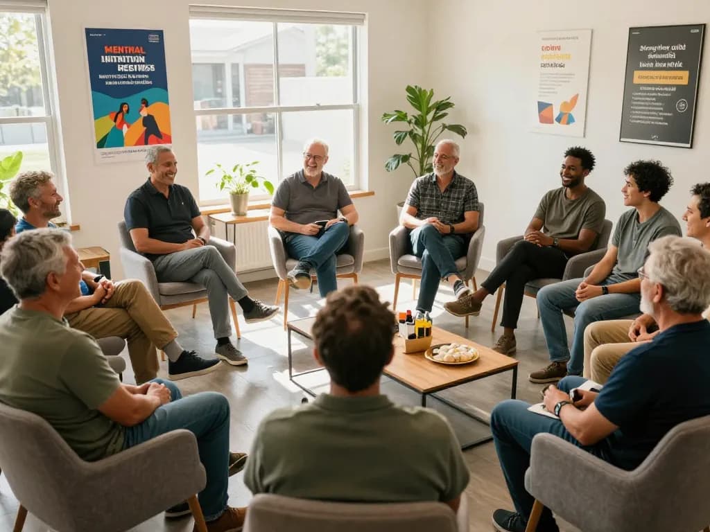 Men engaging in meaningful discussions at a manclub support group.