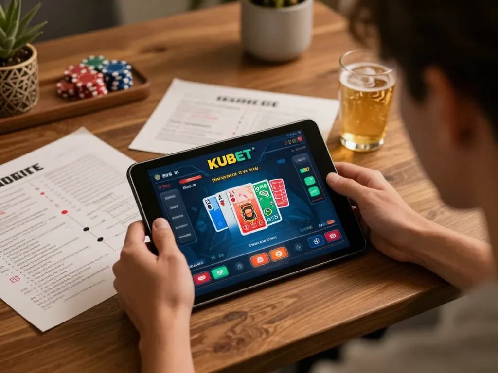Player engaged with KUBET casino app, showcasing gaming strategy and focus.