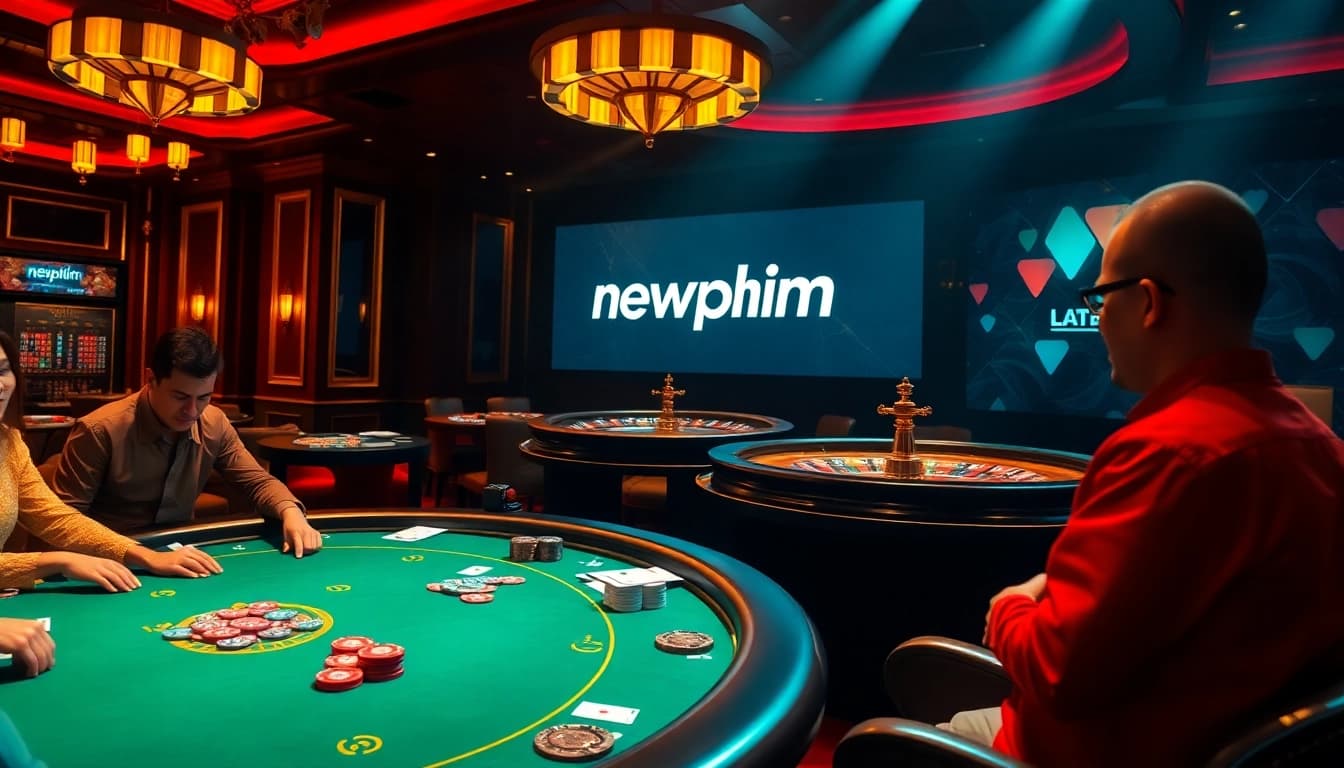 Newphim players strategizing at a poker table in a luxurious casino setting.