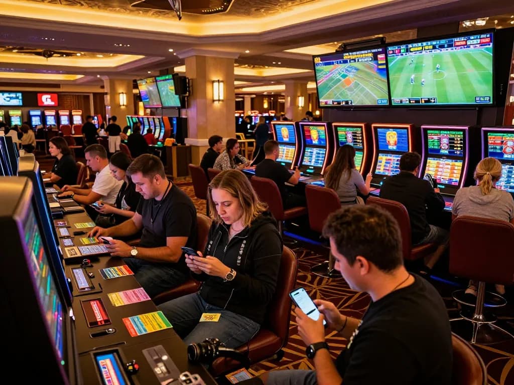 Engaged bettors analyzing sports odds and using keobongda betting apps in a lively casino setting, capturing the thrill of gambling.