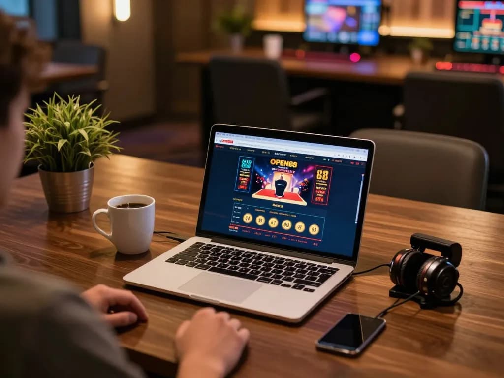 Engaging in online gambling at OPEN88 with a laptop, showcasing a cozy and strategic betting experience.