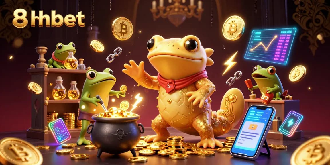 Experience thrilling gameplay at 8xbet with immersive illustrations of gold coins and crypto elements.