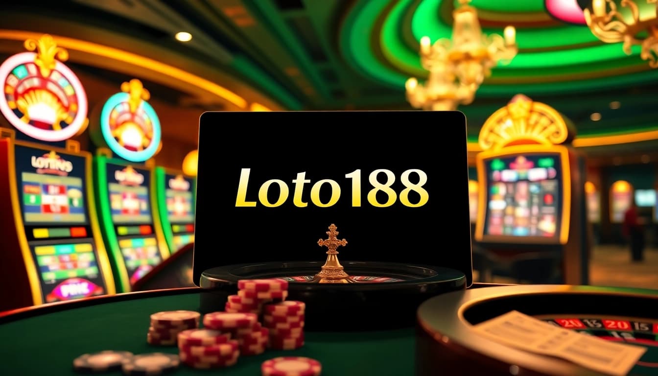 Loto188 online gaming platform with vibrant casino elements like slot machines and poker chips.