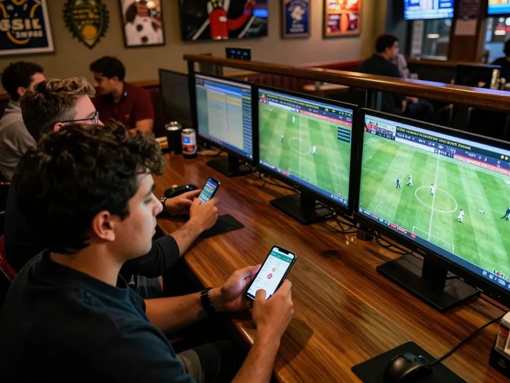 Sports betting excitement with real-time kết quả bóng đá visible on screens, creating a lively atmosphere