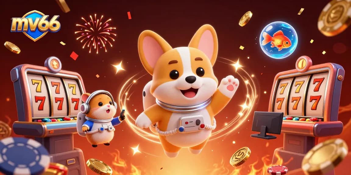 Experience the thrill of mv66 with a playful astronaut corgi and dynamic casino elements.