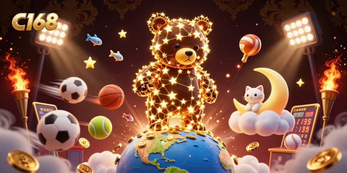 C168 offers a vibrant casino experience featuring animated stars and sports elements, inviting players to engage.