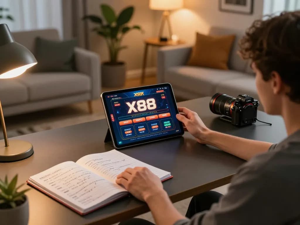 X88 online casino gaming setup with user analyzing strategies on tablet in cozy atmosphere