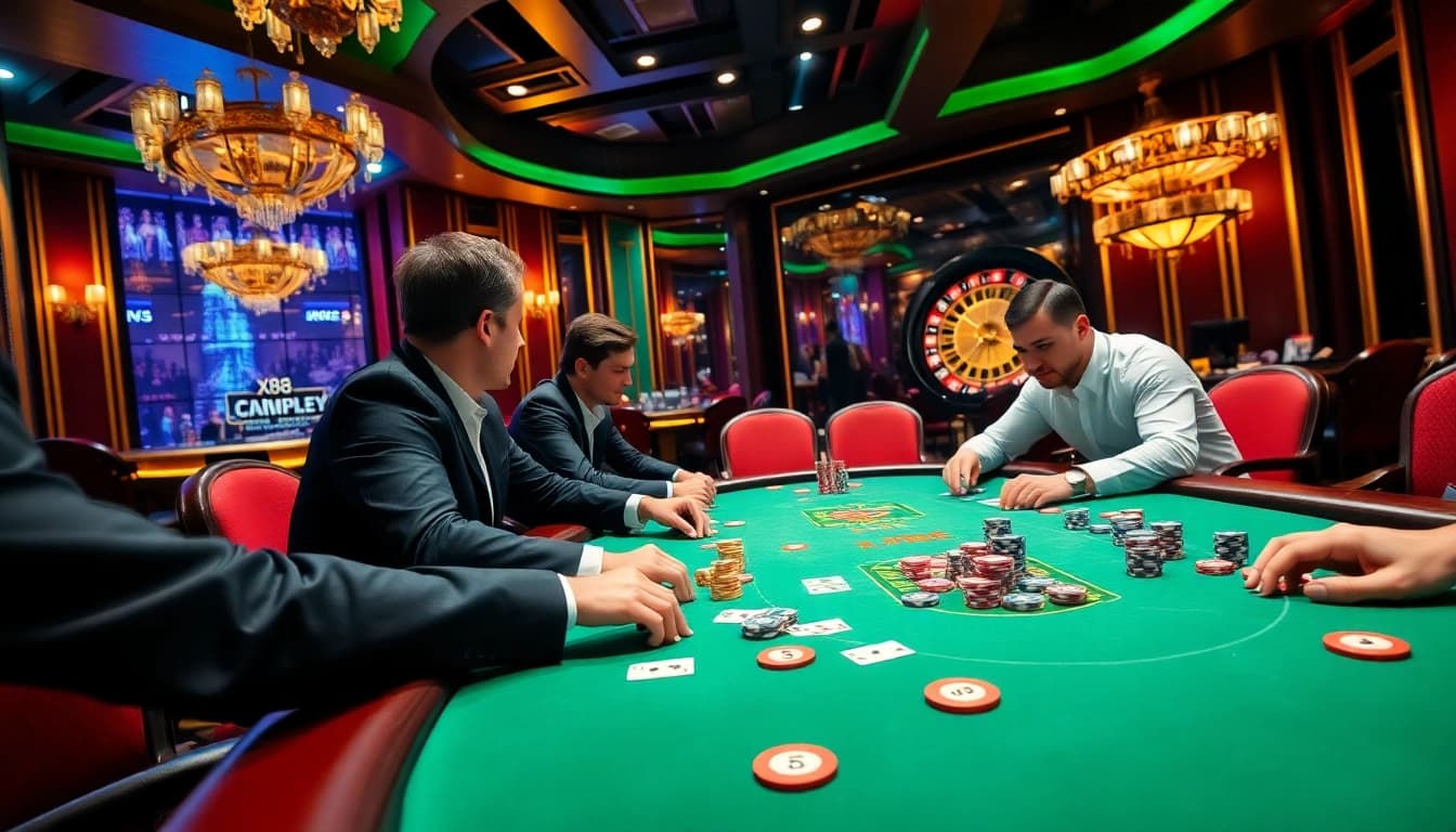 X88 casino scene with poker players, chips, and roulette wheel, reflecting high-stakes excitement.
