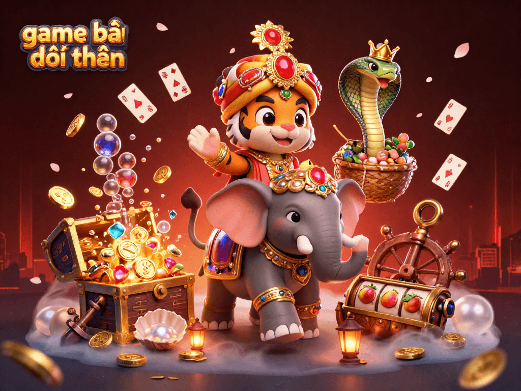 Engage with game bài đổi thưởng in a vibrant 3D casino scene featuring a royal elephant and treasure.