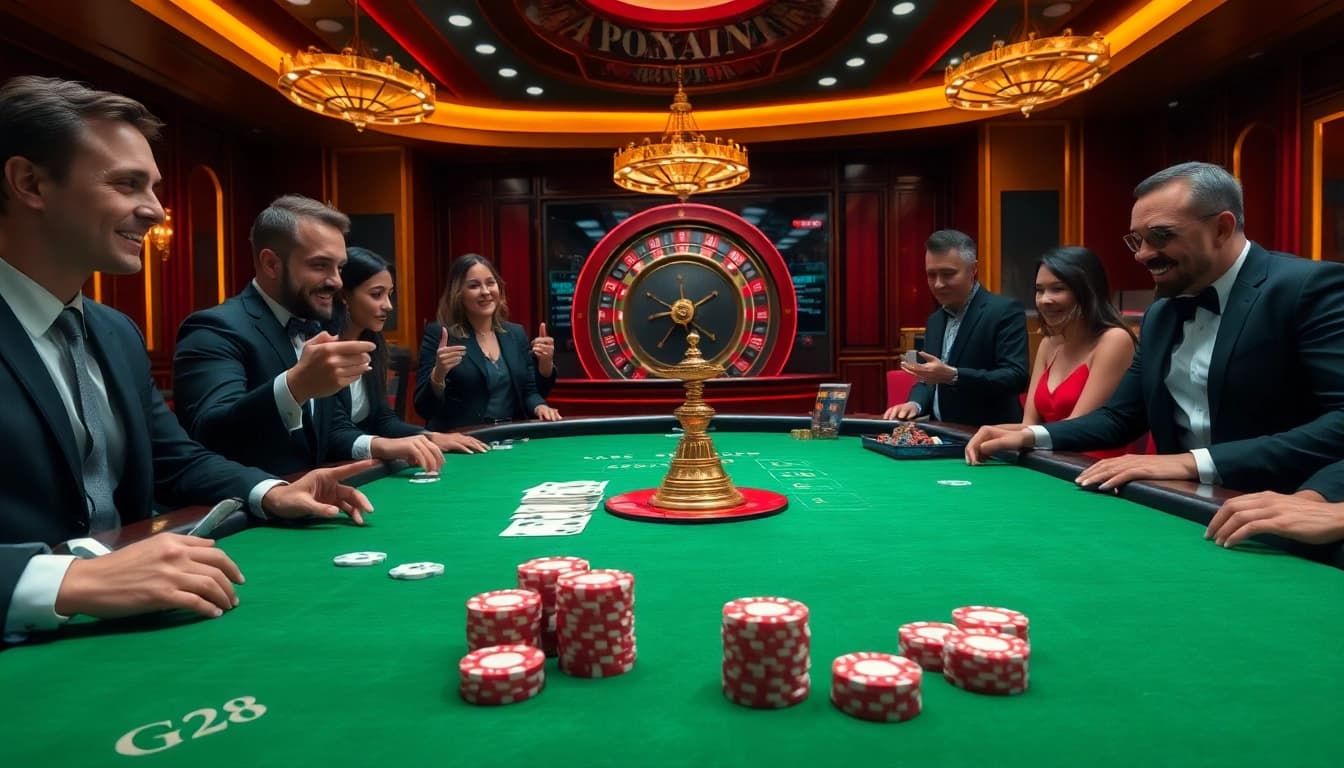 G28 players strategizing at a professional gambling table filled with exciting games and stakes.