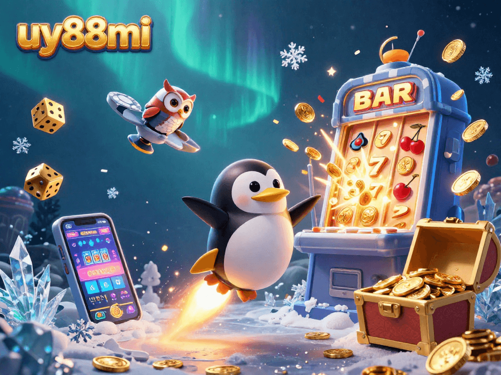 Join the excitement at uy88mi with the golden penguin racing to win casino rewards in a vibrant 3D illustration.