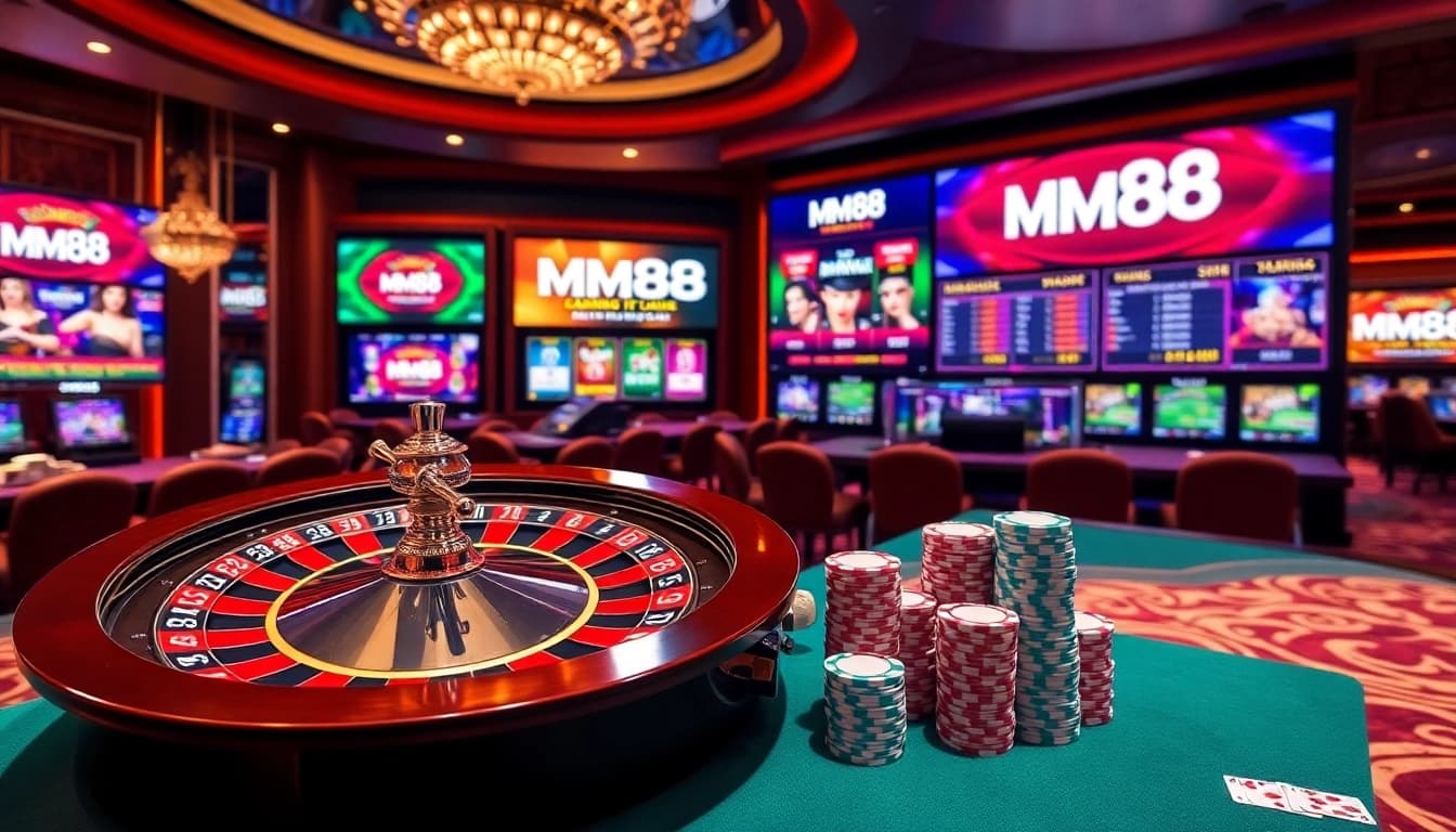 Engage with thrilling moments on Trang chủ MM88 casino, showcasing roulette, poker, and vibrant gaming visuals.