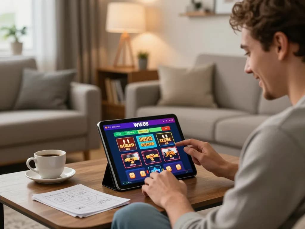 Engaging with WW88 casino app at home in a cozy living room.