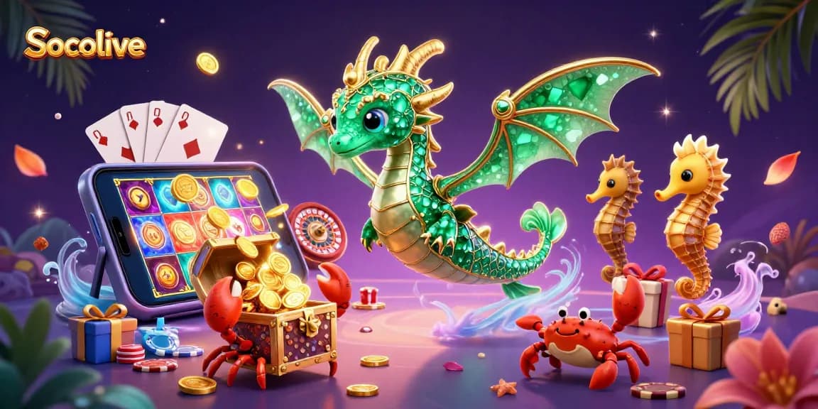 Socolive showcases gambling excitement with immersive dragons and vibrant slot gaming elements.