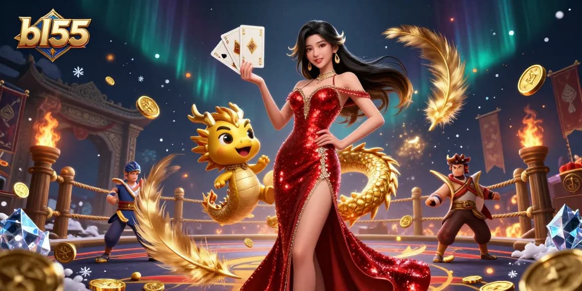 Experience thrilling gameplay at bl55 with a stunning Asian woman and a golden dragon mascot in a vibrant casino setting.