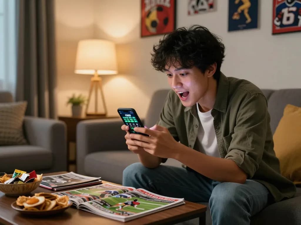Person engaging with the FB88 betting app on smartphone in a cozy home setting, illustrating the excitement of online sports betting.