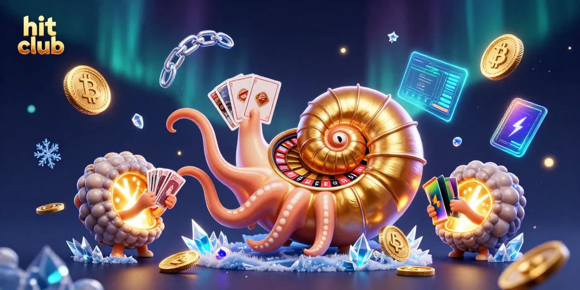 Engage with hit club's vibrant casino world, featuring an ancient giant nautilus and glowing crypto elements.