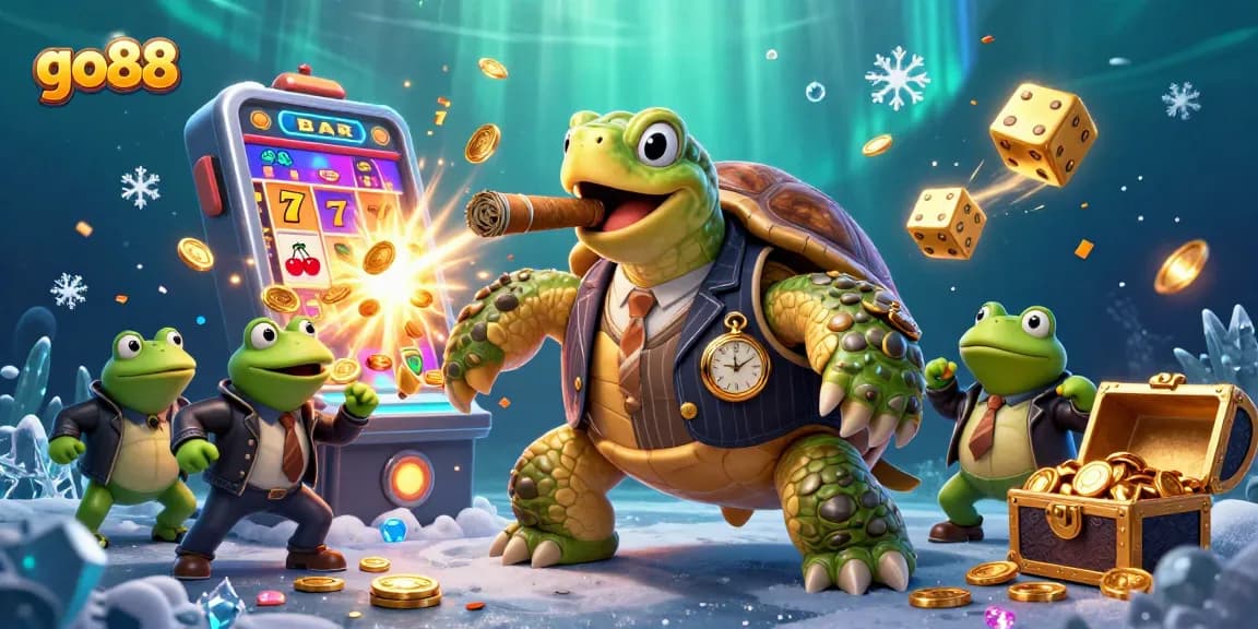 Spin the reels at go88 with a vibrant casino scene filled with characters and game elements.
