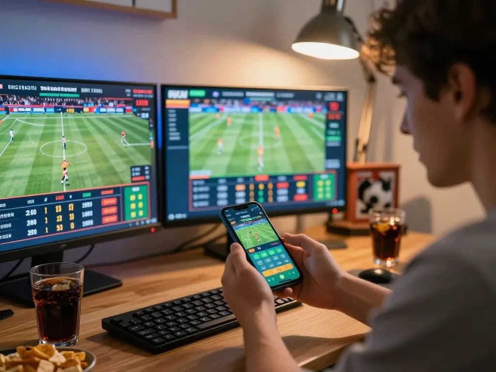 Person engaging in mb66 sports betting on mobile device with live games in the background.