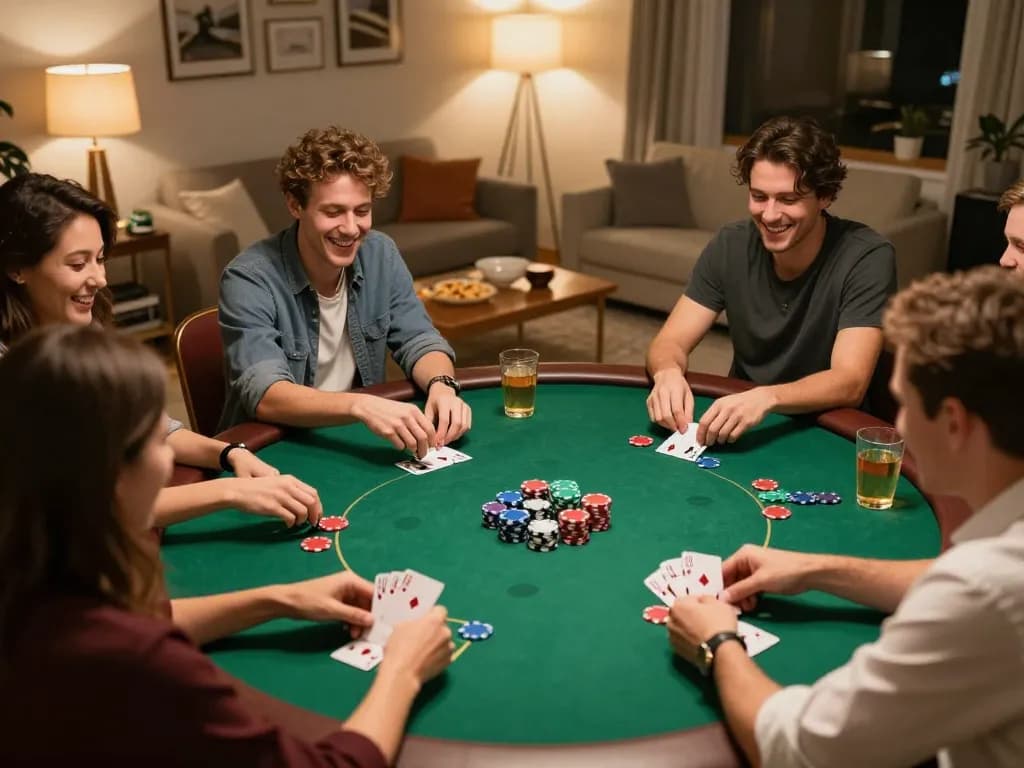 Soco live poker game night with friends showcasing excitement and strategic gameplay around a green felt table.