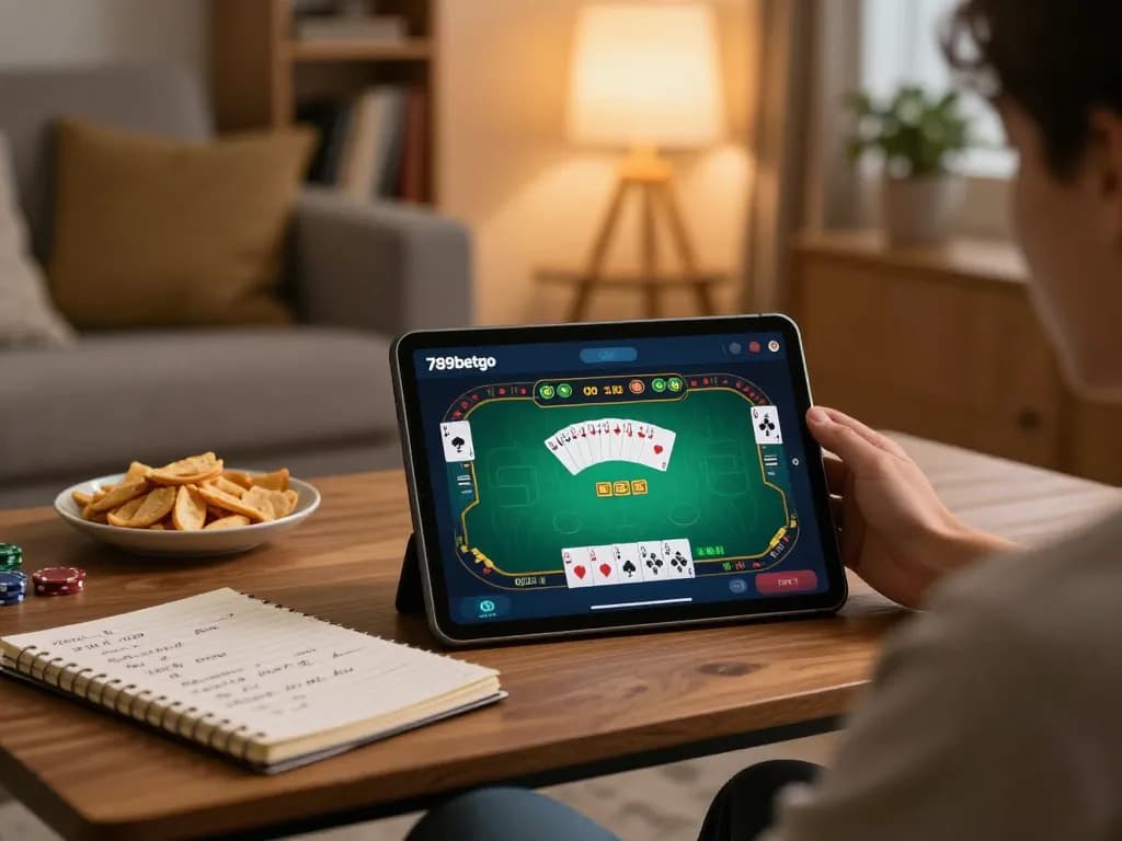 Engaging gaming scene with a player using the 789betgo app for online gambling strategies at home.