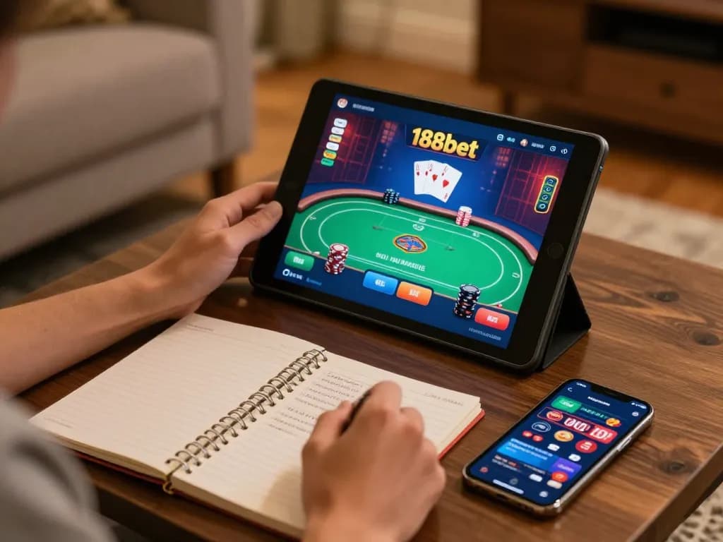 Engaging in online gambling on the 188bet link using a tablet at home, showcasing a poker game interface.