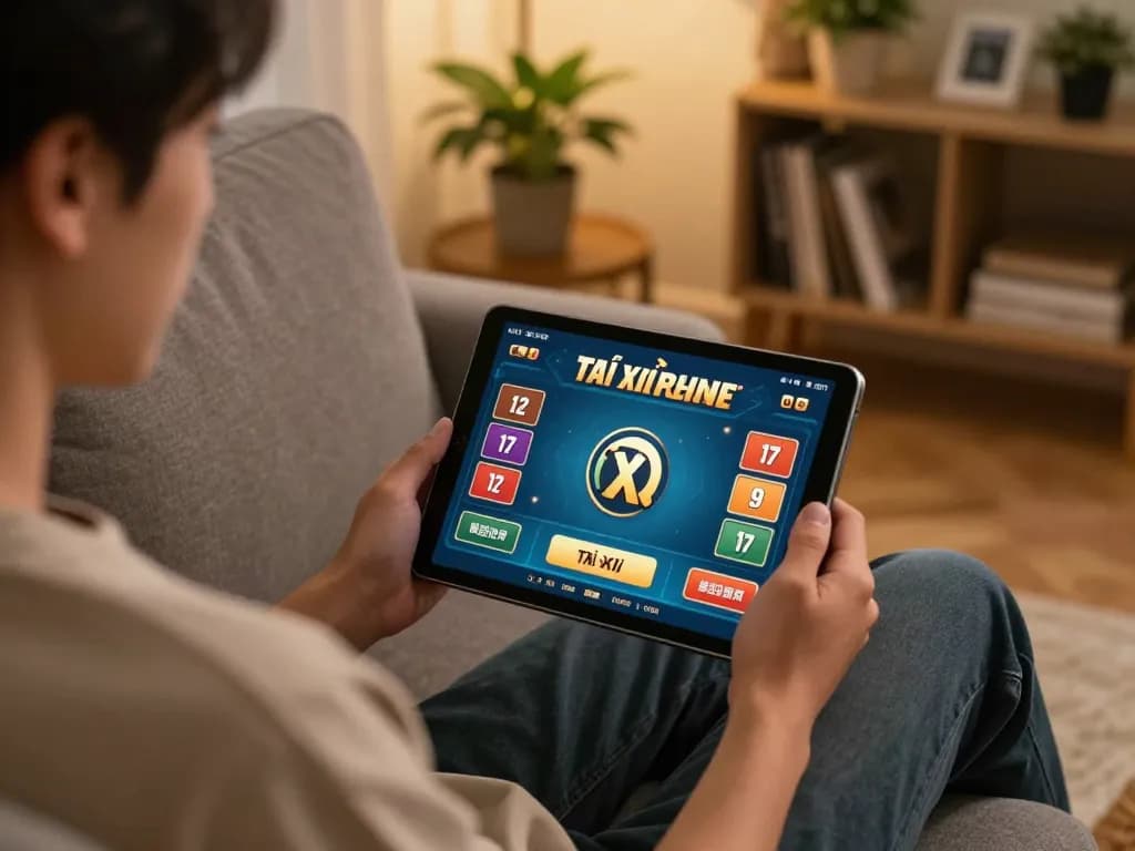 Tài xỉu online gameplay on a tablet in a cozy living room setting showcasing a strategic approach.