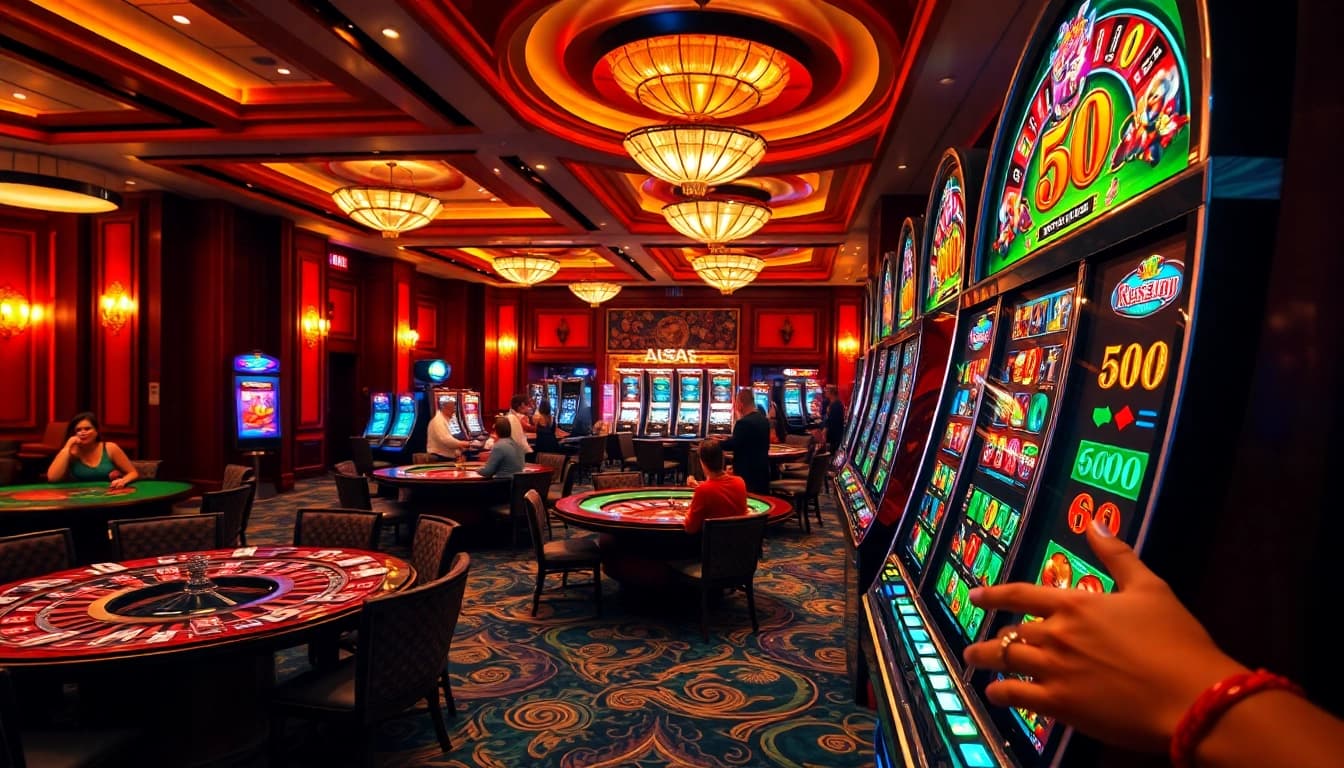 Winning at https://da88st.com/ with a vibrant casino scene showcasing blackjack, poker, and roulette.