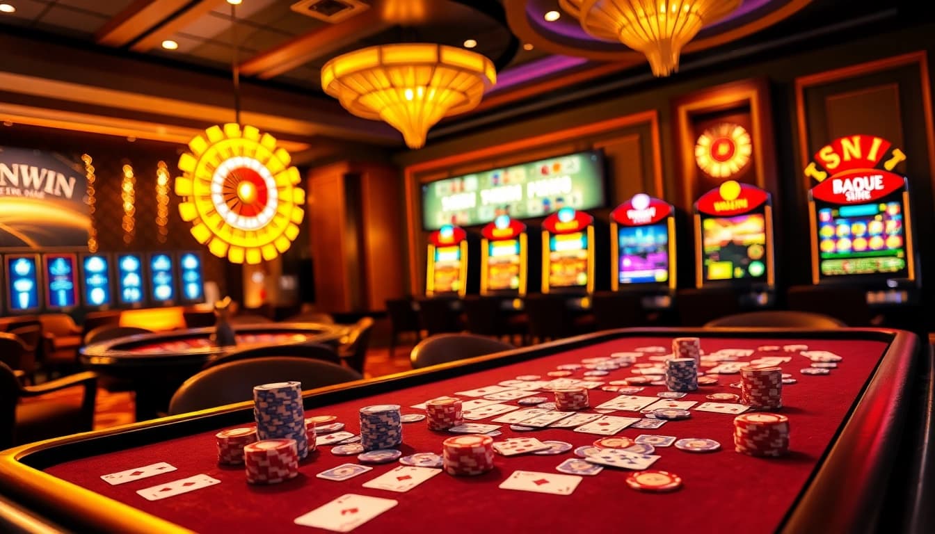 SUNWIN casino scene featuring thrilling poker chips and elegant roulette wheel action.