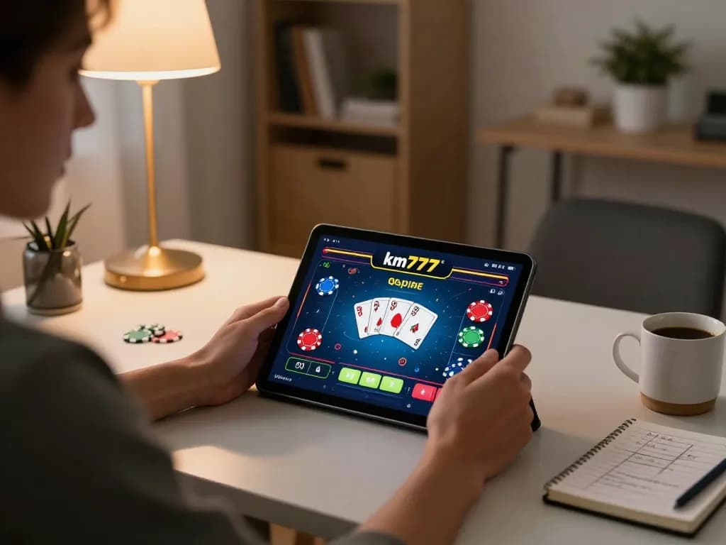 Engaging moment of a player enjoying km777 poker app in a comfortable home office