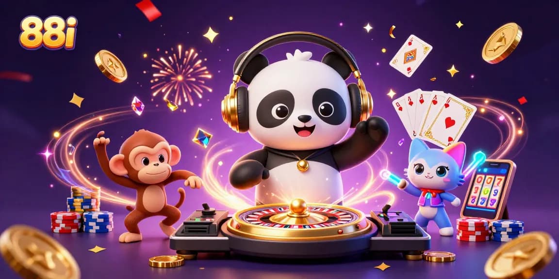 Experience thrilling gaming with 88i's vibrant casino scene featuring DJ panda and festive characters.