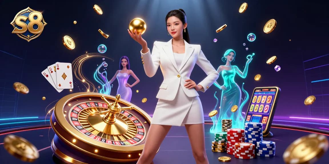 S8 slots launch showcasing a glamorous Asian woman in casino attire holding a roulette ball.