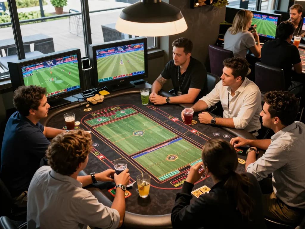 Engaging in sports betting strategies with friends at QQ88, capturing an exciting atmosphere