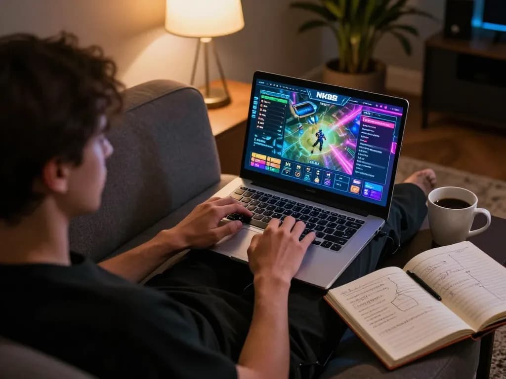 Player enjoying NK88 online game in cozy home setup with strategic notes and warm lighting