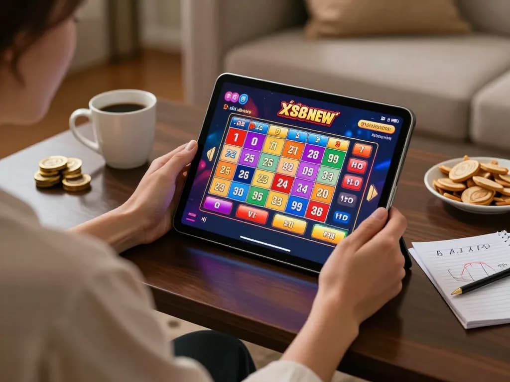 Engaging in xổ số 888new mobile gaming at home with a tablet and strategy notes.