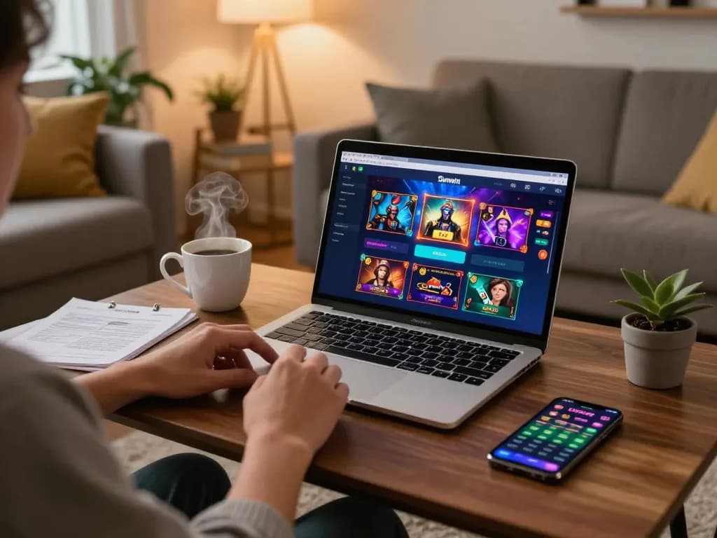 Engaging in online gambling with Sunwintop on a laptop amidst a cozy home setting.