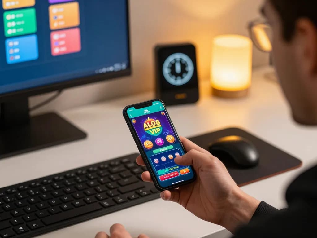 Engaged player using ALO8 VIP app on smartphone for strategic betting in modern home