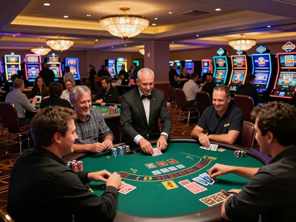 Sunwin gaming atmosphere with players engaged at a blackjack table, colorful chips and cards in play