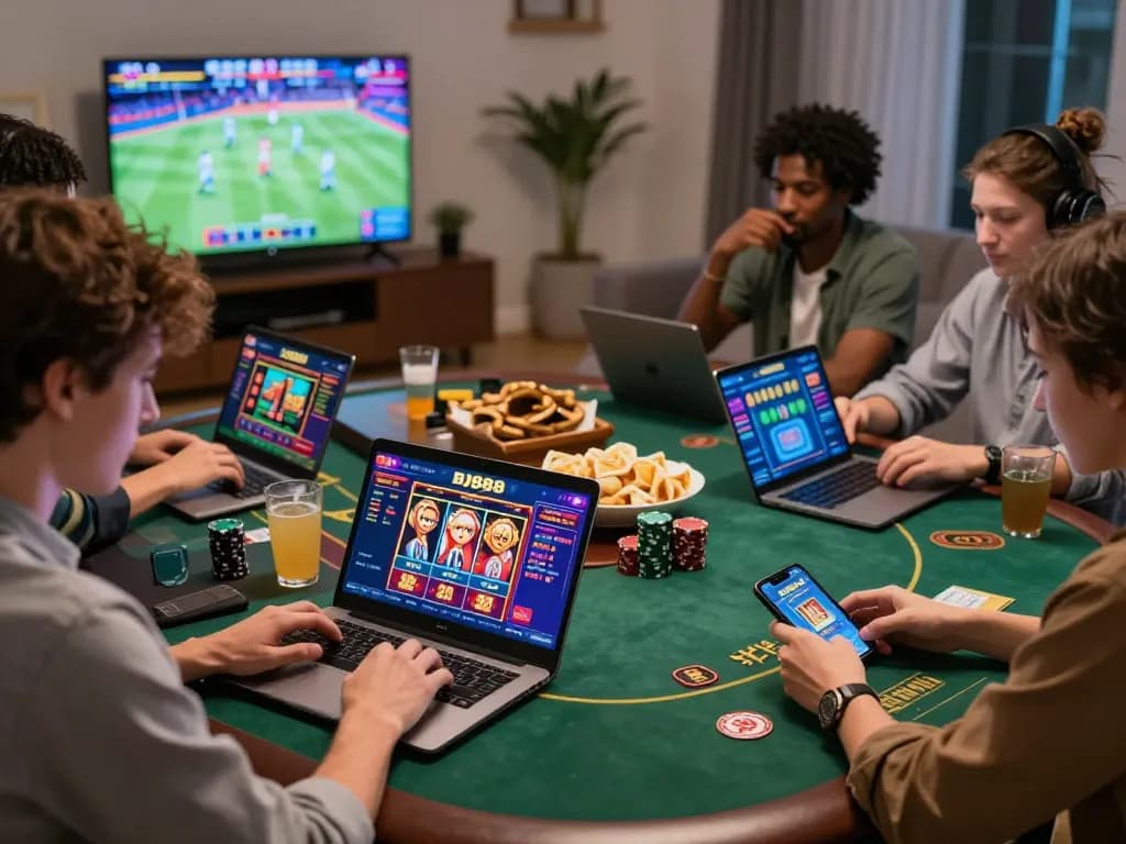 Players enjoying online gaming with BJ888 platform in a vibrant, inviting atmosphere