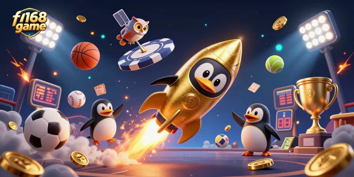 Experience the f168 game with a golden penguin rushing toward a casino space station in this vibrant illustration.