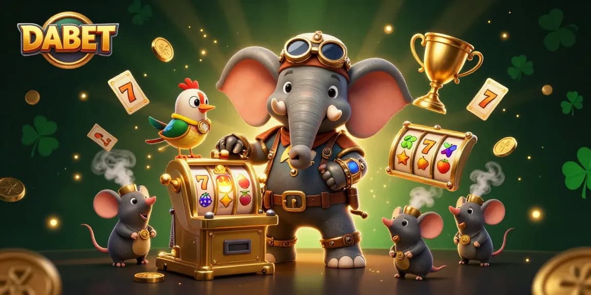 DABET players win big at a vibrant slot machine surrounded by steampunk elements and golden trophies.