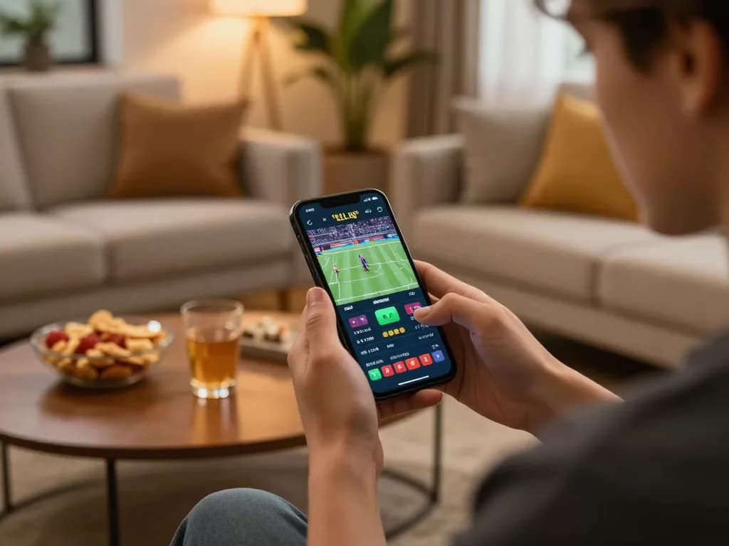 Engaged player using Fun79 INK for mobile sports betting with live odds displayed.