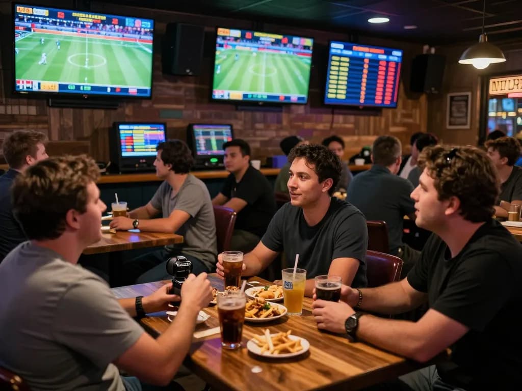 Exciting scene of sports betting with live odds displayed, embodying keo nha cai in a vibrant bar atmosphere.