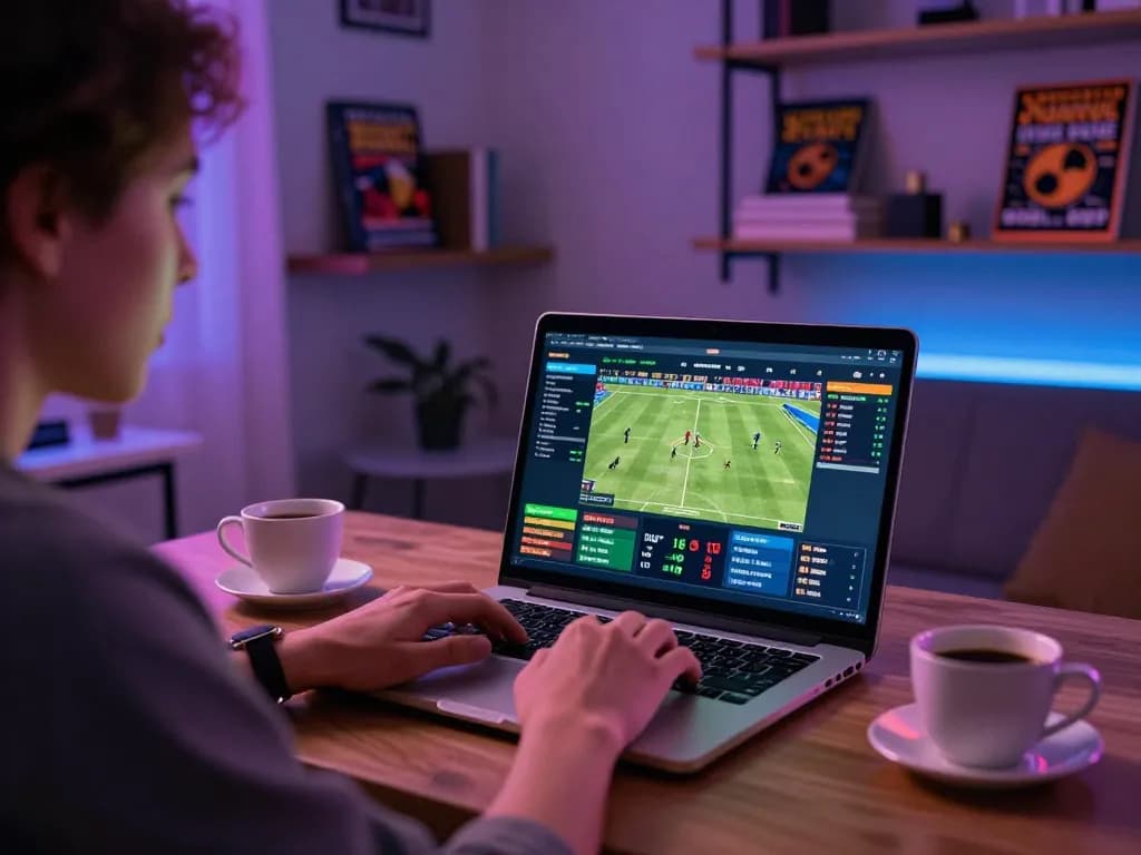 Person enjoying online betting at home on LV88, engaged with sports betting options on laptop.