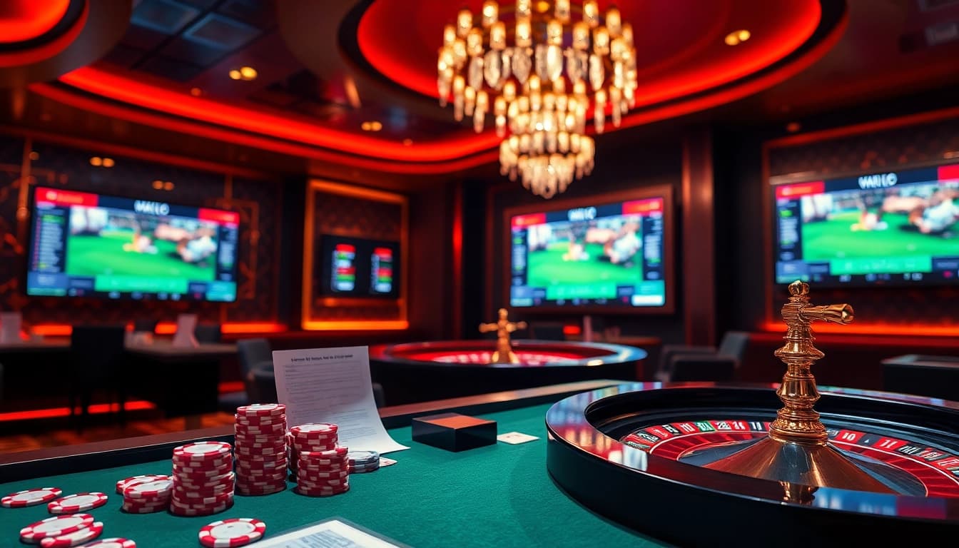 Cakhiatv live football betting experience in a luxurious casino setting with vibrant screens and betting elements.