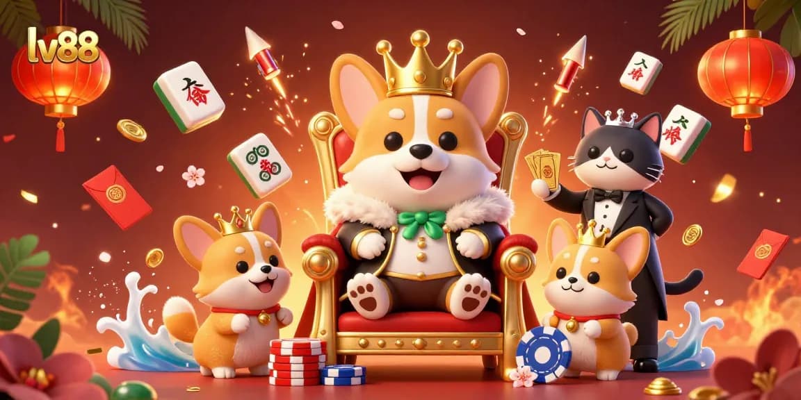 Experience the lively lv88 casino with royal corgi characters surrounded by colorful gambling elements.