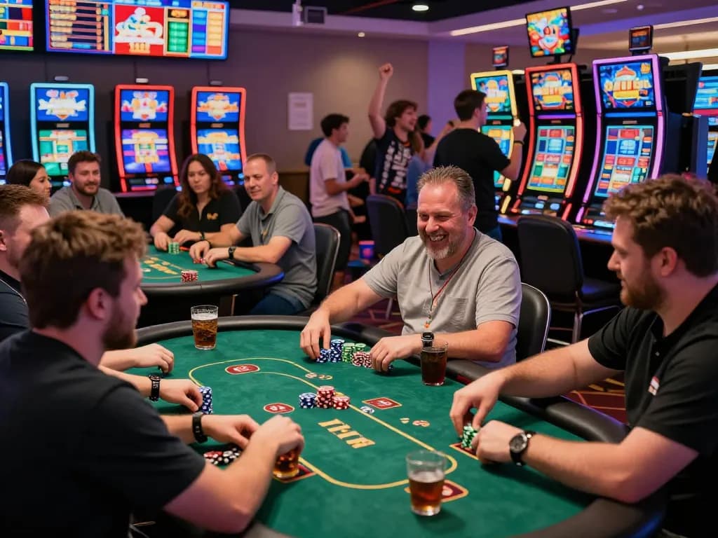 Exciting nk88 online gambling scene with players at various game tables.