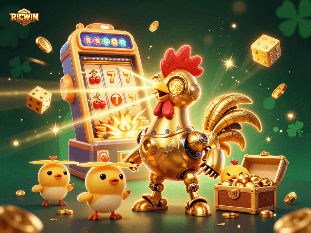 Win big with RICWIN at a vibrant casino scene featuring a golden rooster robot, slots, and jackpots.