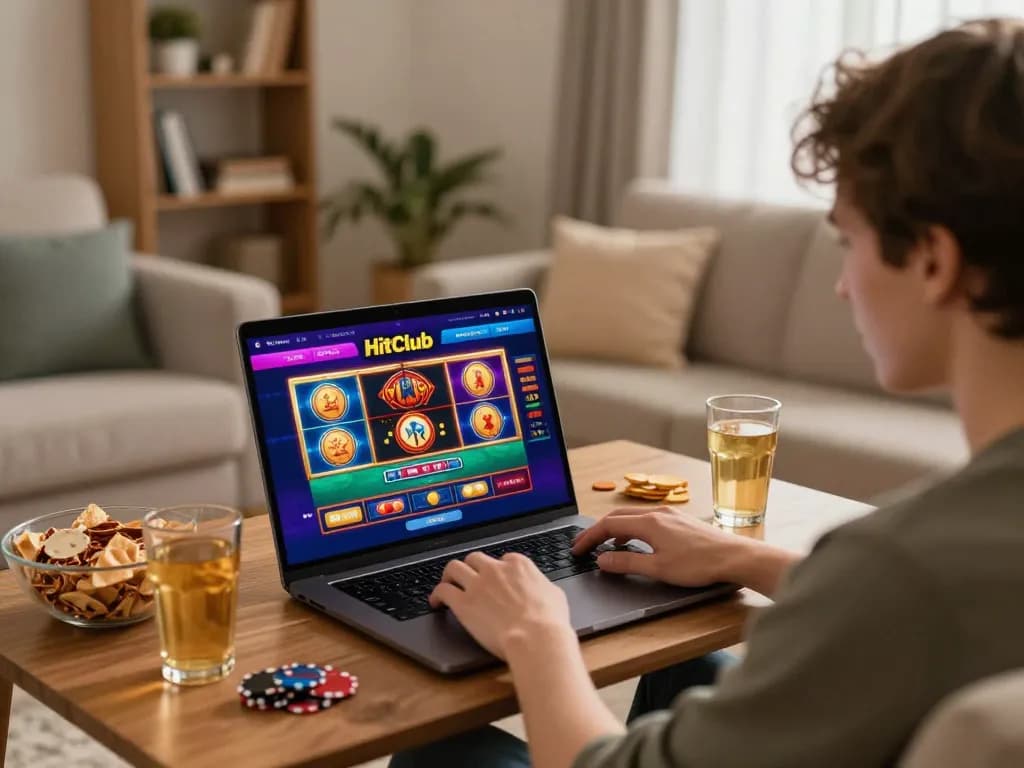 Player engaged in Hitclub online gameplay, showcasing vibrant casino interface in a cozy home setting.